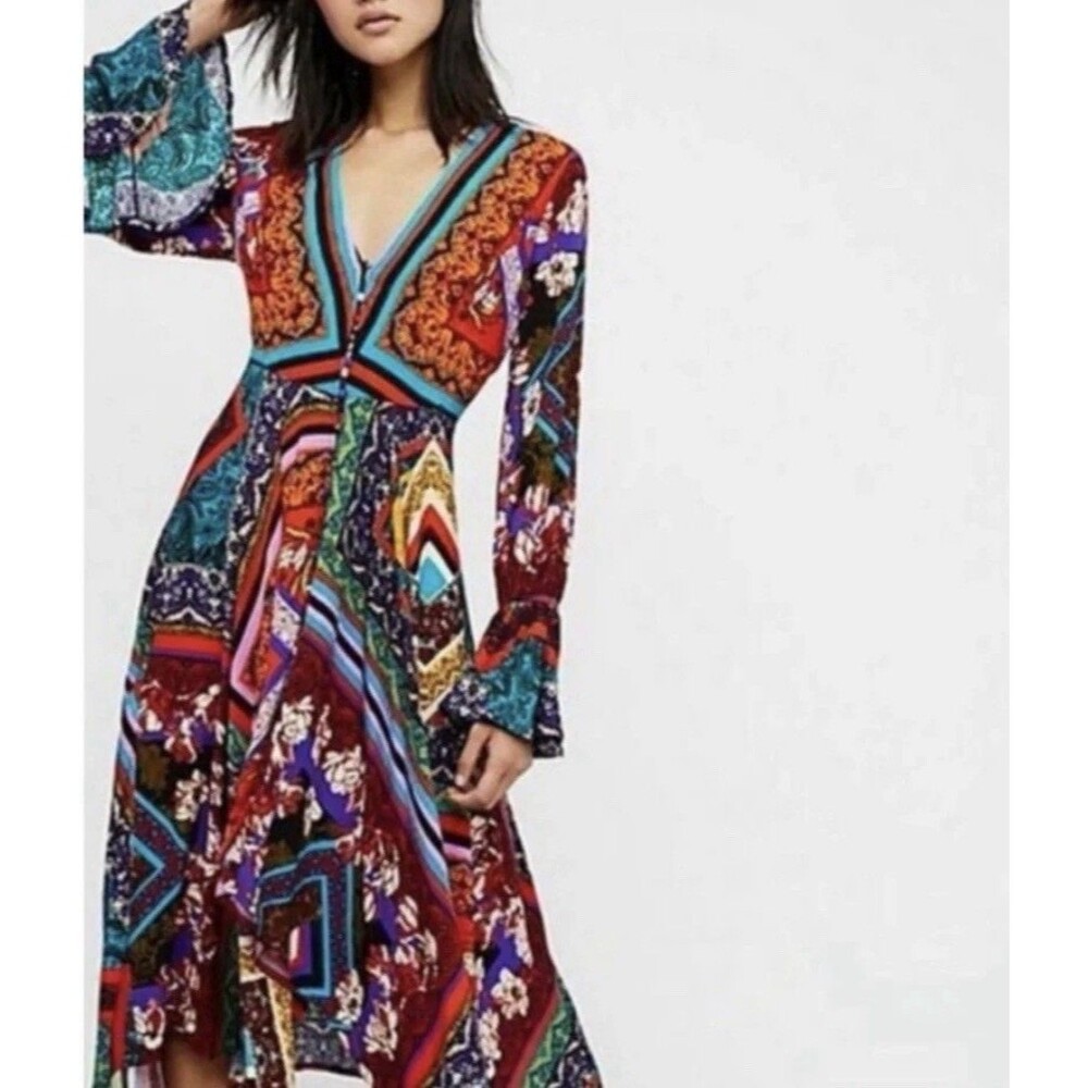 Free People Over the Rainbow Asymmetrical Maxi Dress womens Sz S L S Boho Whimsy